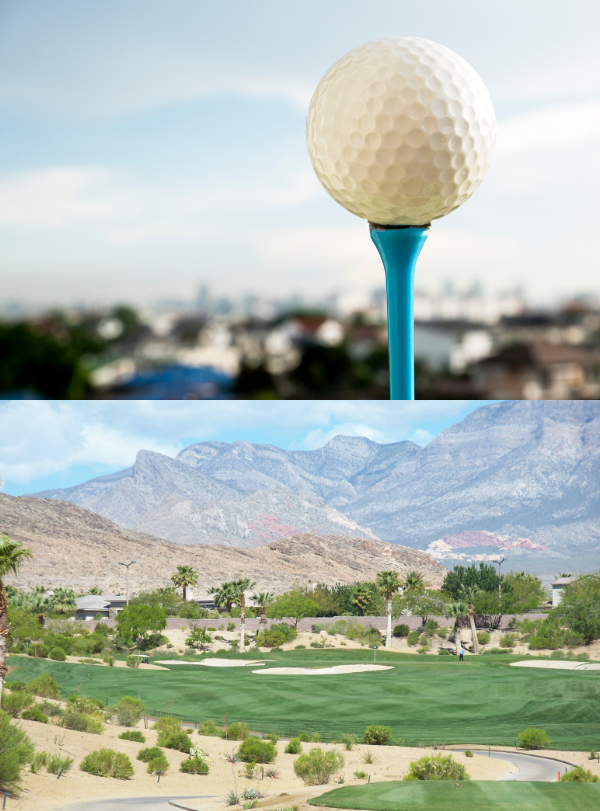 A golfer in the background with a golf ball about to enter the cup